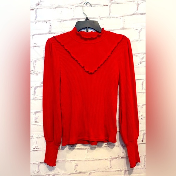 Free People “Love Struck” Ruffle Turtleneck Top in bold red Size Small - Picture 2 of 7